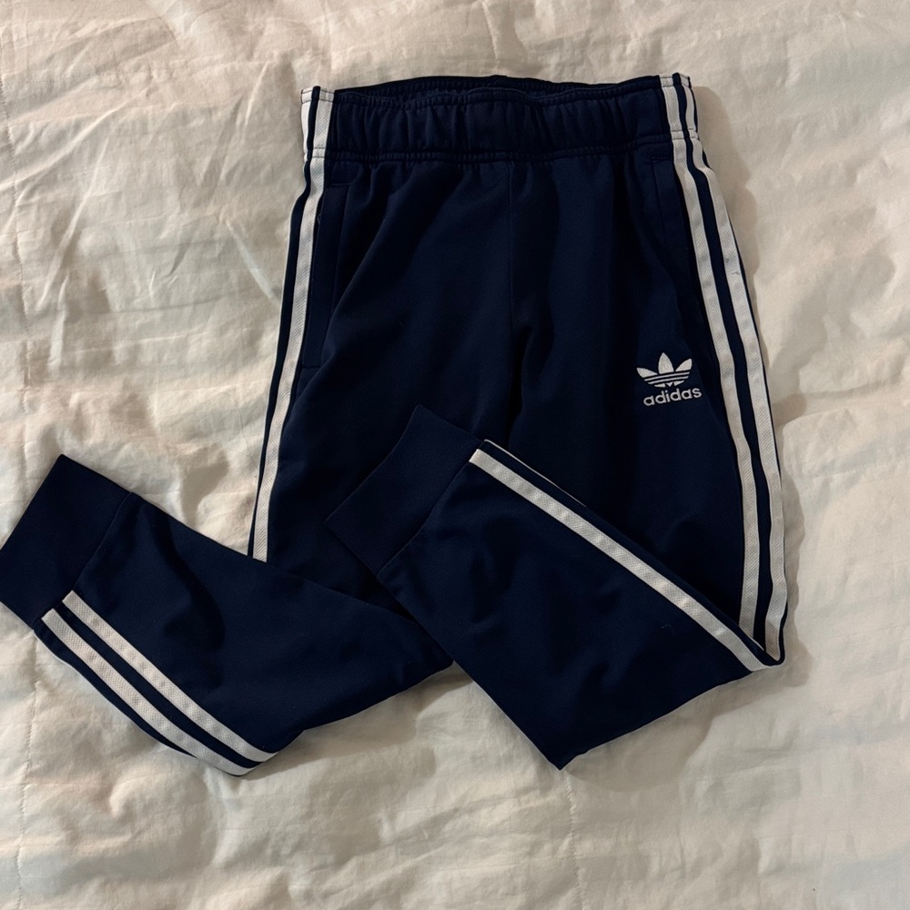 $5 - Adidas Kids Dark Blue Joggers with White Stripes